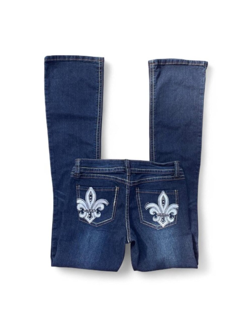 Y2K Tokyo low rise bootcut jeans with white embroidered fleur-de-lis on back
